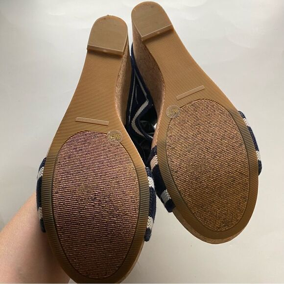 Lucky Brand Miller 2 wedge cork heel sandals navy blue strip strappy slip on 9M - Picture 10 of 13
